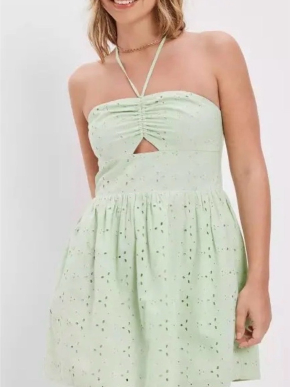 American Eagle Mint Green Halter Strap Mini Dress with Ruched Front